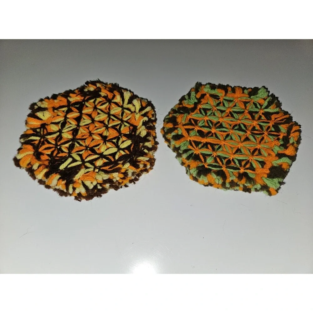 Vintage Crocheted Handmade Hot Pads Set‎ Of 2 Orange Brown Green Yellow